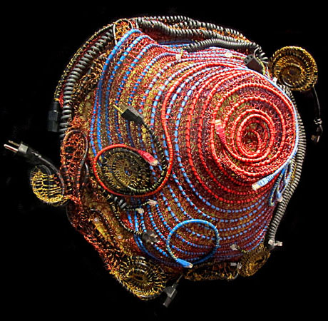crocheted electronics wire sculpture